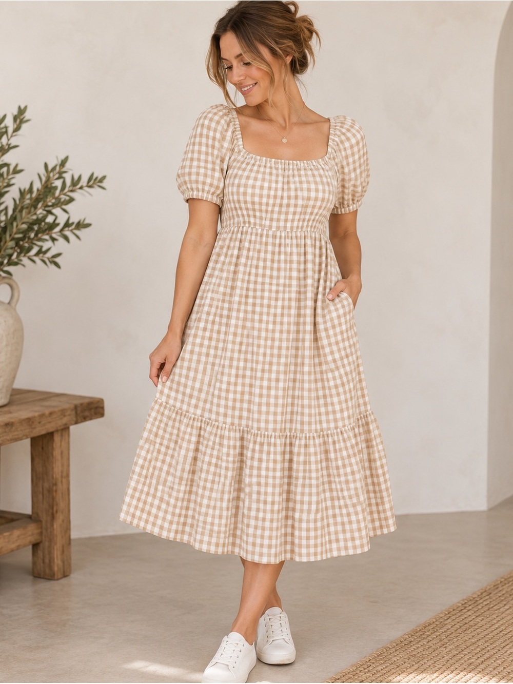 J.Crew Seersucker Gingham Tiered Dress Tan White NWT Size 12